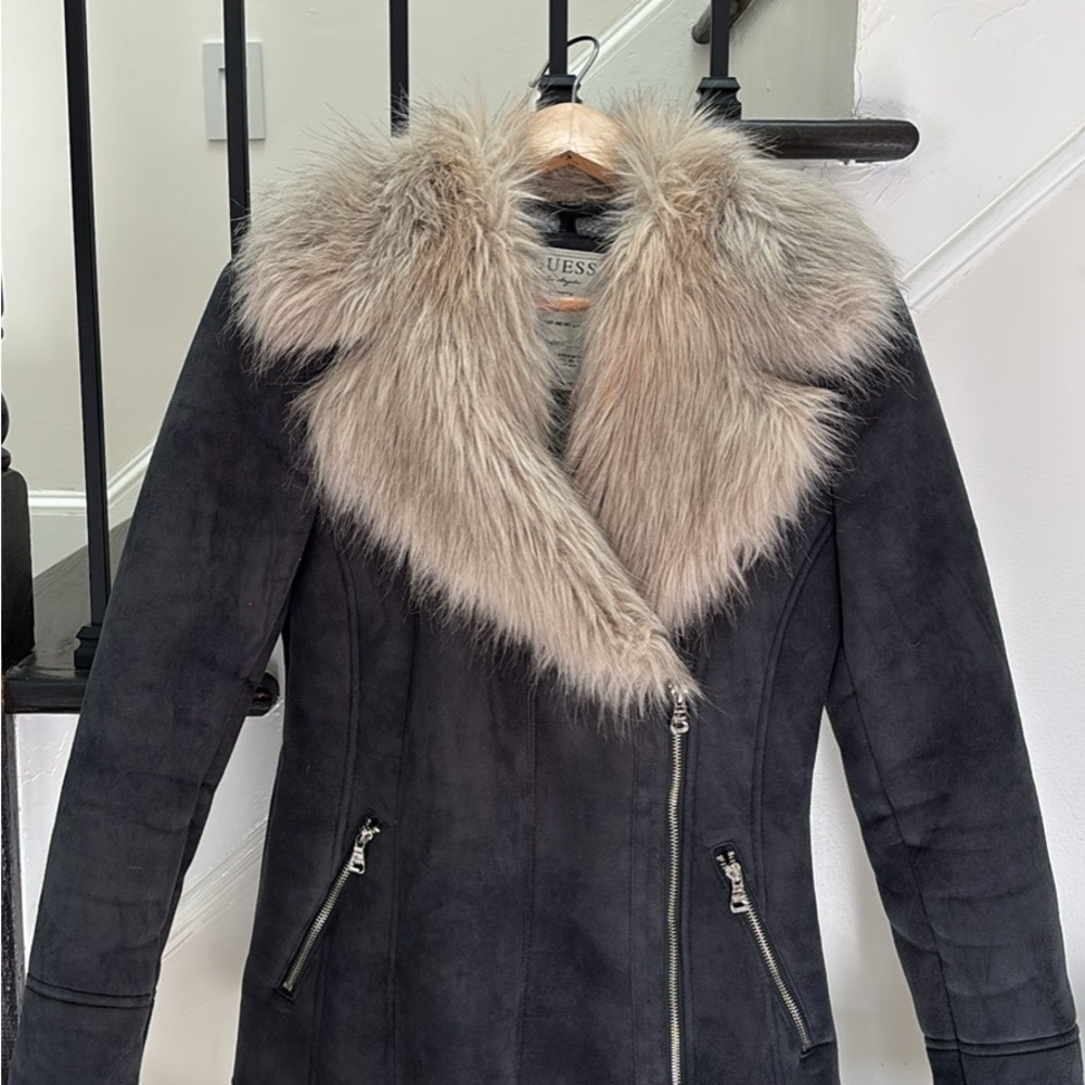 GUESS Black Faux Suede Jacket with Taupe Fur Collar